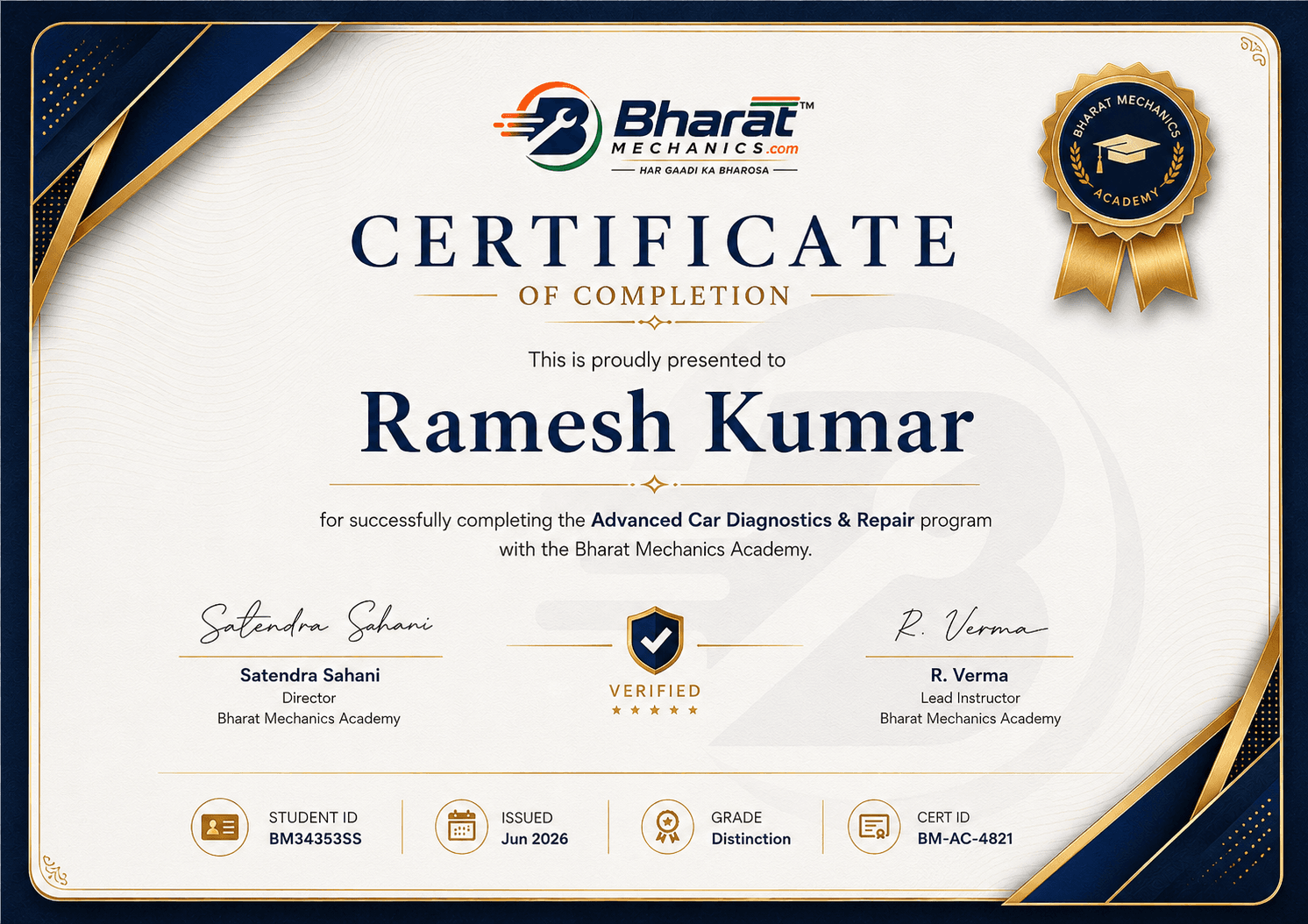 Bharat Mechanics Academy — Certificate of Completion (sample)